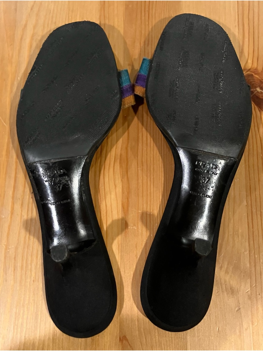 EUC Prada Vero Cuoio Leather Slide Sandals with Teal, Purple & Gold Trim Size 37 - Picture 7 of 10
